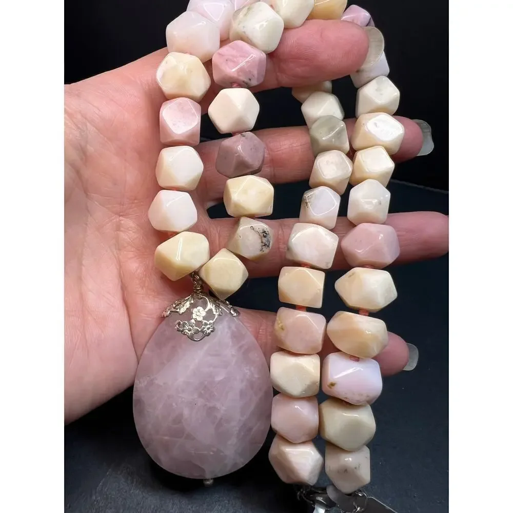 NEW pink opal and rose quartz Sterling silver necklace